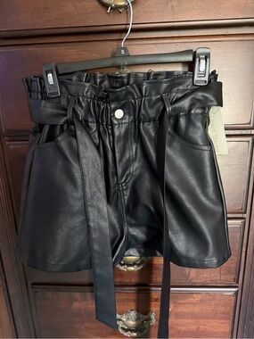 Faux Leather Paperbag Waist Shorts - Black